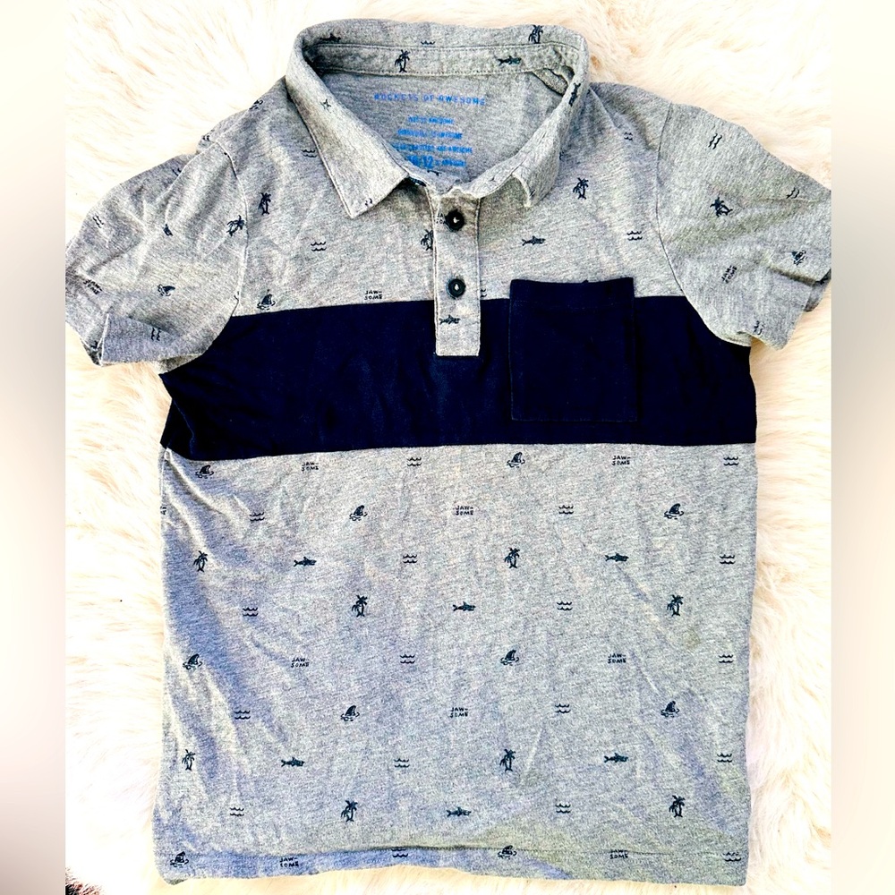 ROCKETS OF AWESOME Gray and Navy Shark Palm Tree Print Polo Shirt Boys Size L